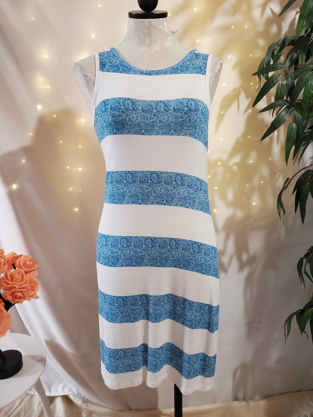 Charming Charlie Paisley Stripe Sleeveless Dress Womens Size S Blue White Light
